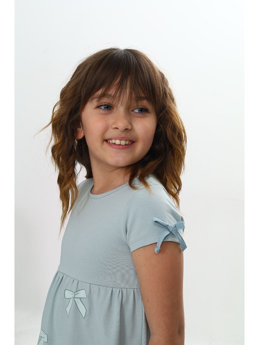 Yeşil Kız Çocuk Fiyonk Baskılı Elbise-2