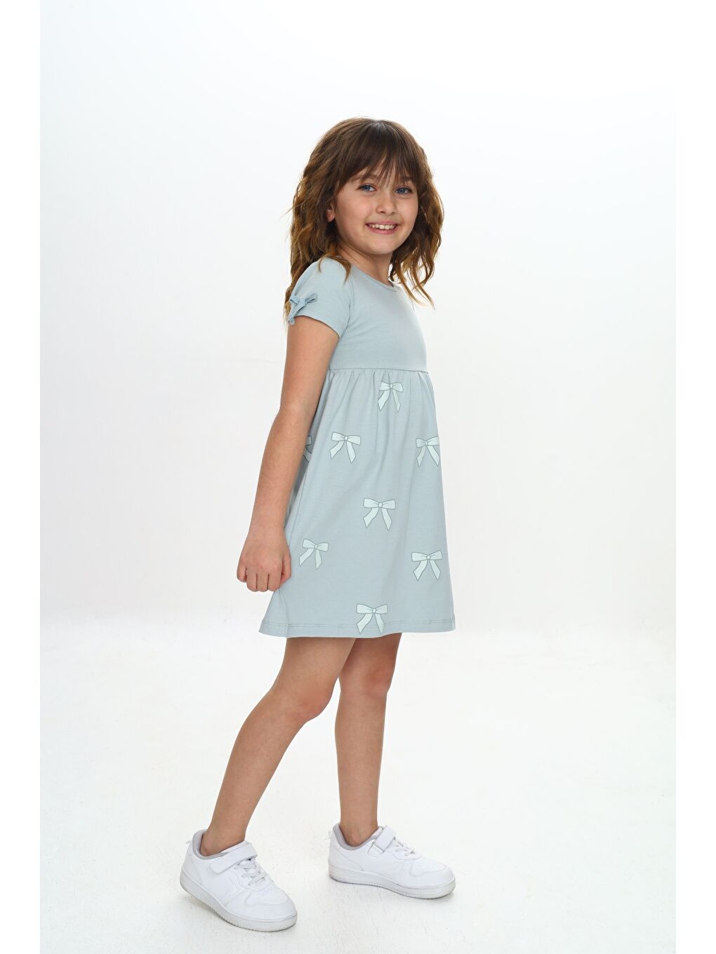Yeşil Kız Çocuk Fiyonk Baskılı Elbise-3