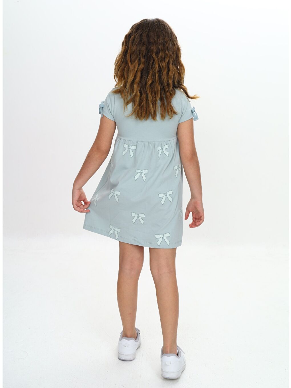 Yeşil Kız Çocuk Fiyonk Baskılı Elbise-4