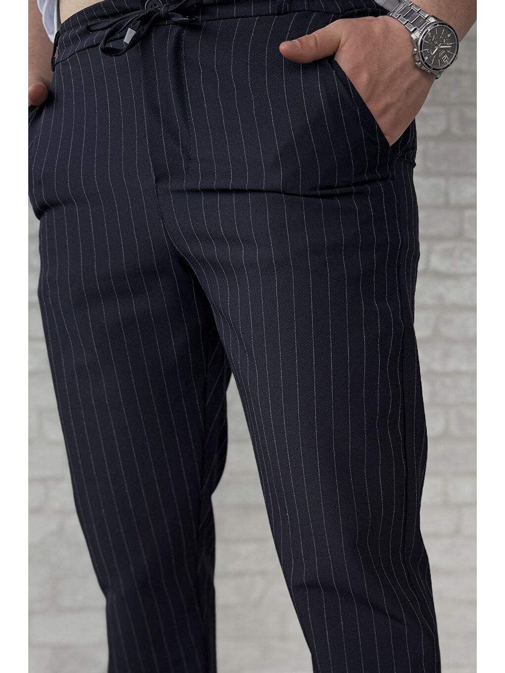 Lacivert Bel Bağlamalı Çizgi Desenli Duble Paça Erkek Pantolon-3