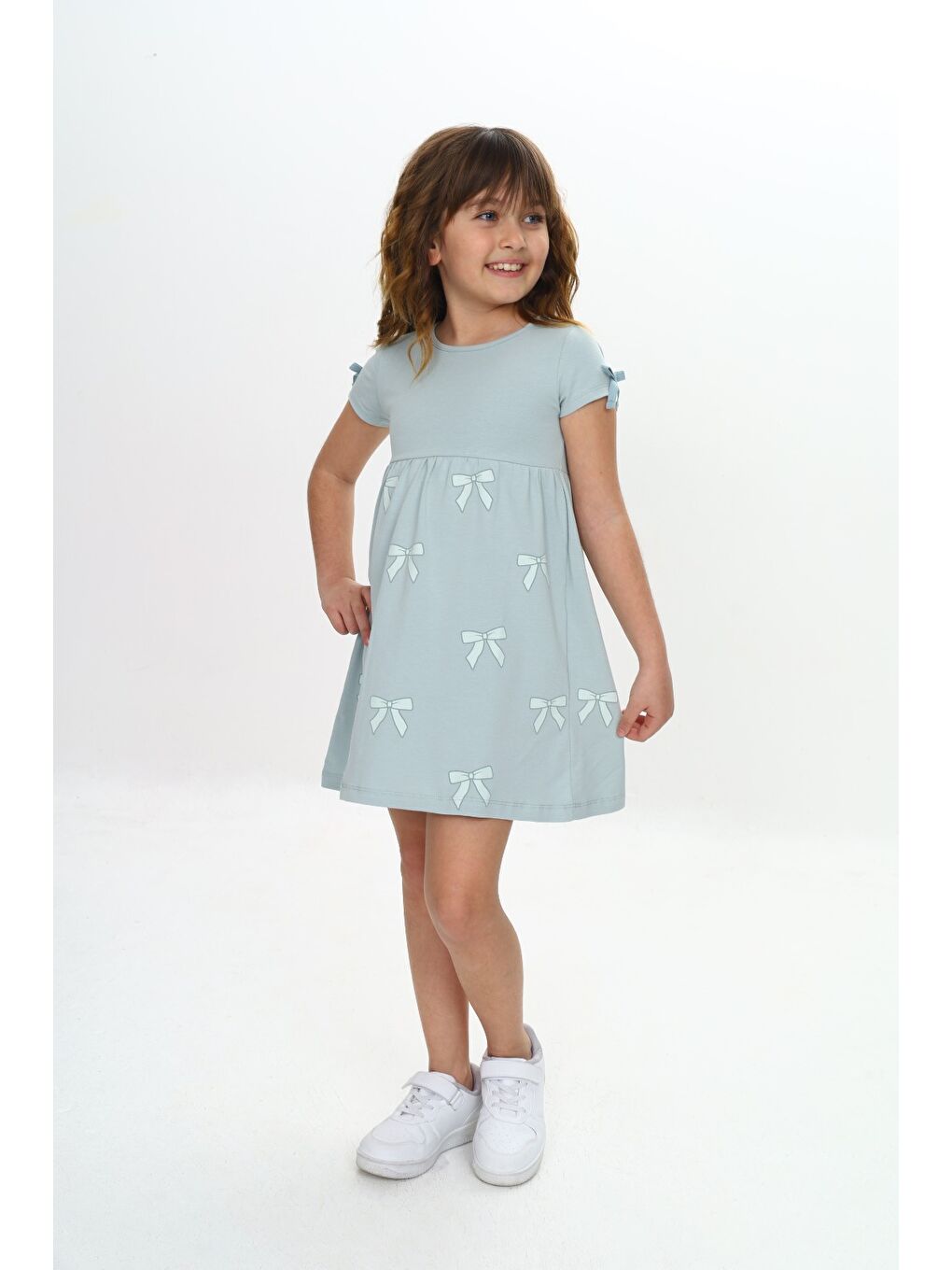 Yeşil Kız Çocuk Fiyonk Baskılı Elbise-5