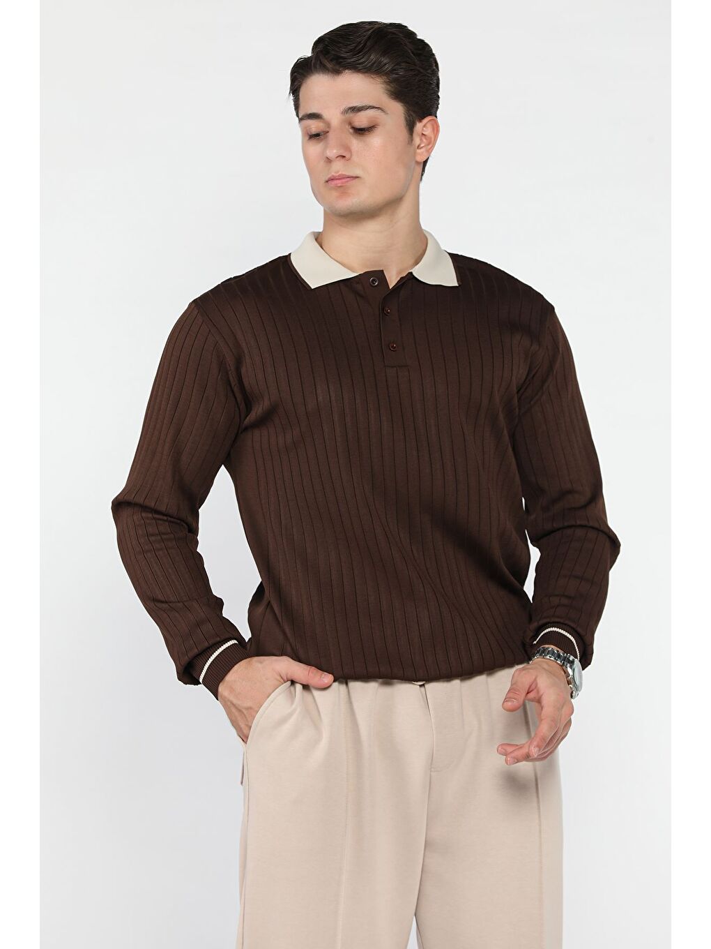 Kahverengi Erkek Polo Yaka Yarım Düğmeli Triko Kazak-1