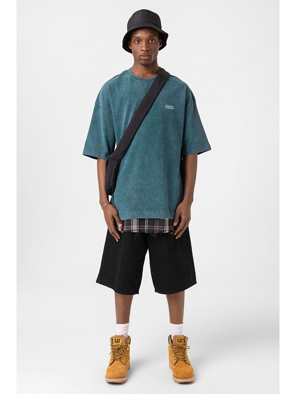 Yıkamalı Oversize Ekose Detaylı Tişört Petrol