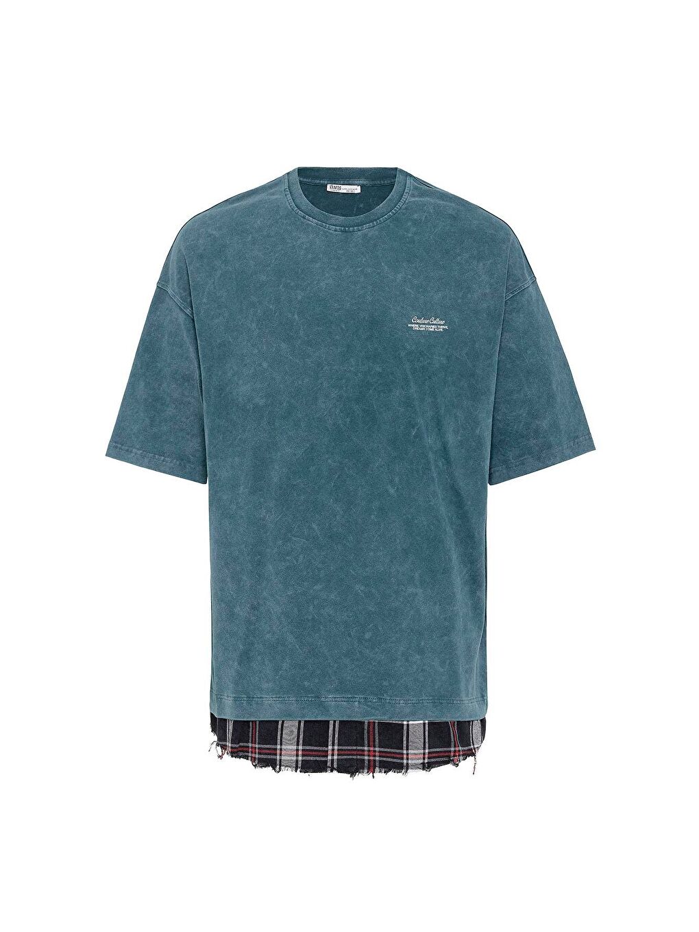 Yıkamalı Oversize Ekose Detaylı Tişört Petrol-1