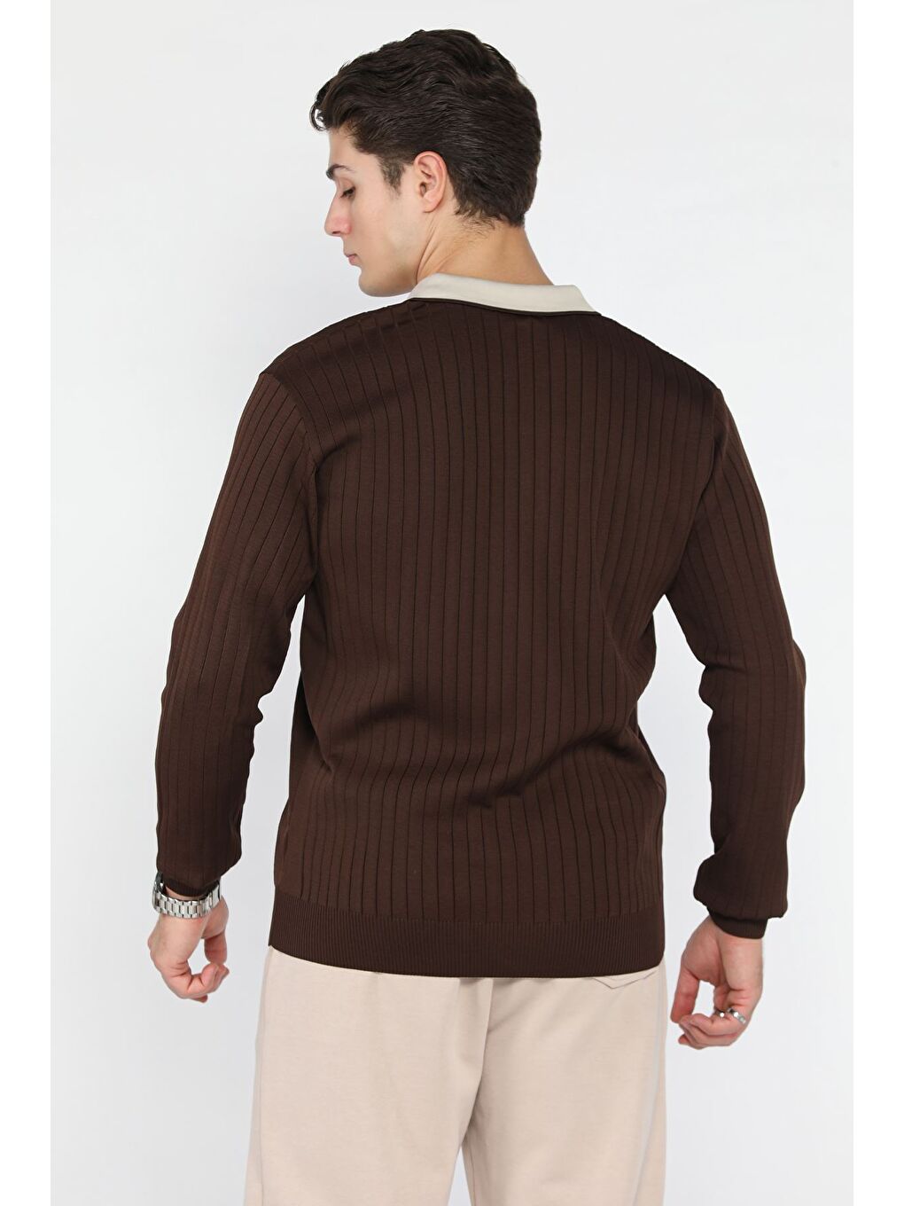 Kahverengi Erkek Polo Yaka Yarım Düğmeli Triko Kazak-2