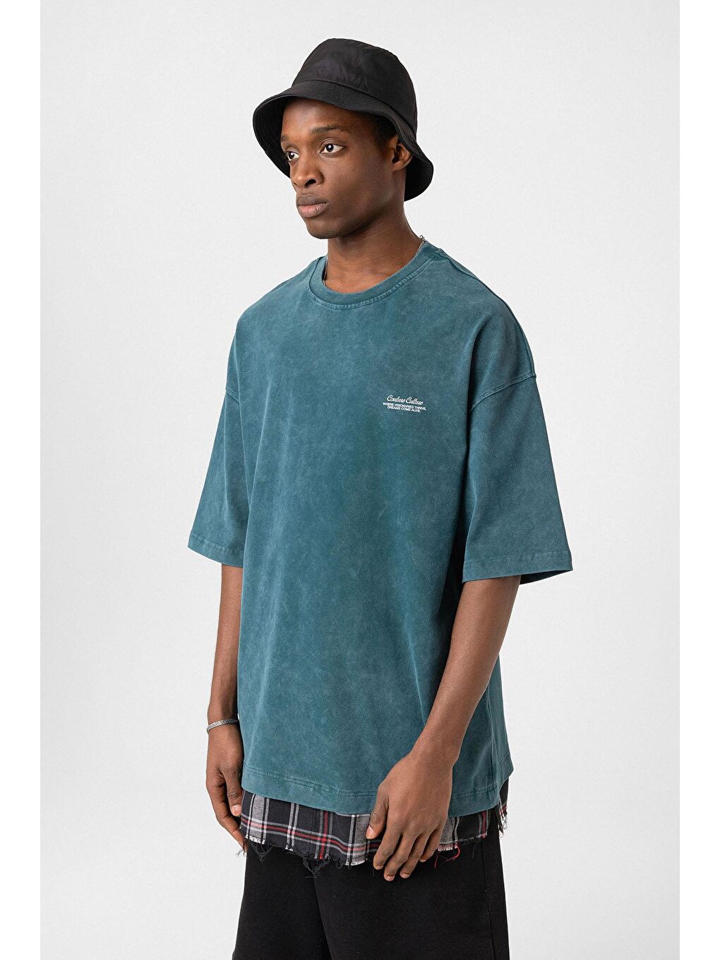 Yıkamalı Oversize Ekose Detaylı Tişört Petrol-2