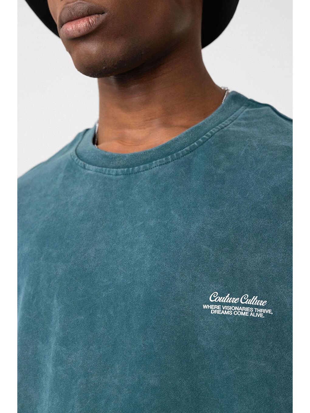 Yıkamalı Oversize Ekose Detaylı Tişört Petrol-3