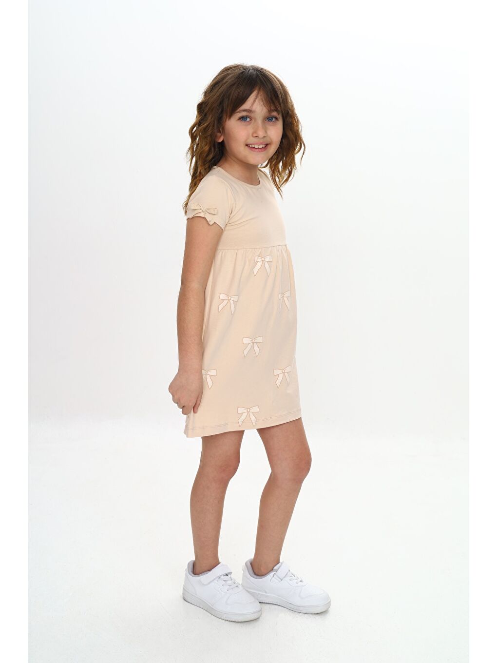 Bej Kız Çocuk Fiyonk Baskılı Elbise-2