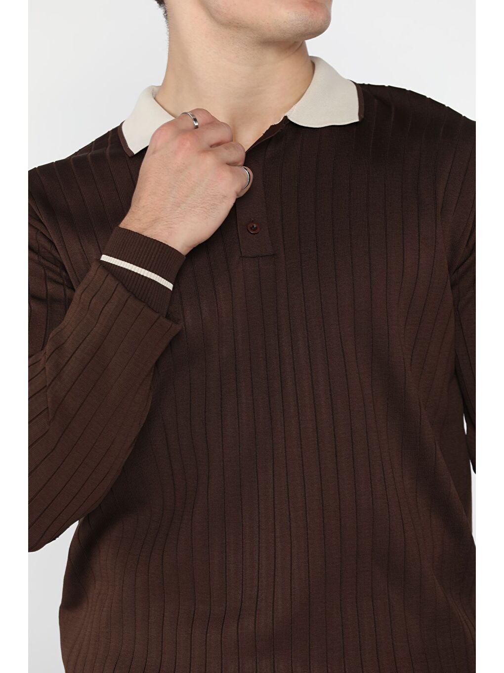 Kahverengi Erkek Polo Yaka Yarım Düğmeli Triko Kazak-3