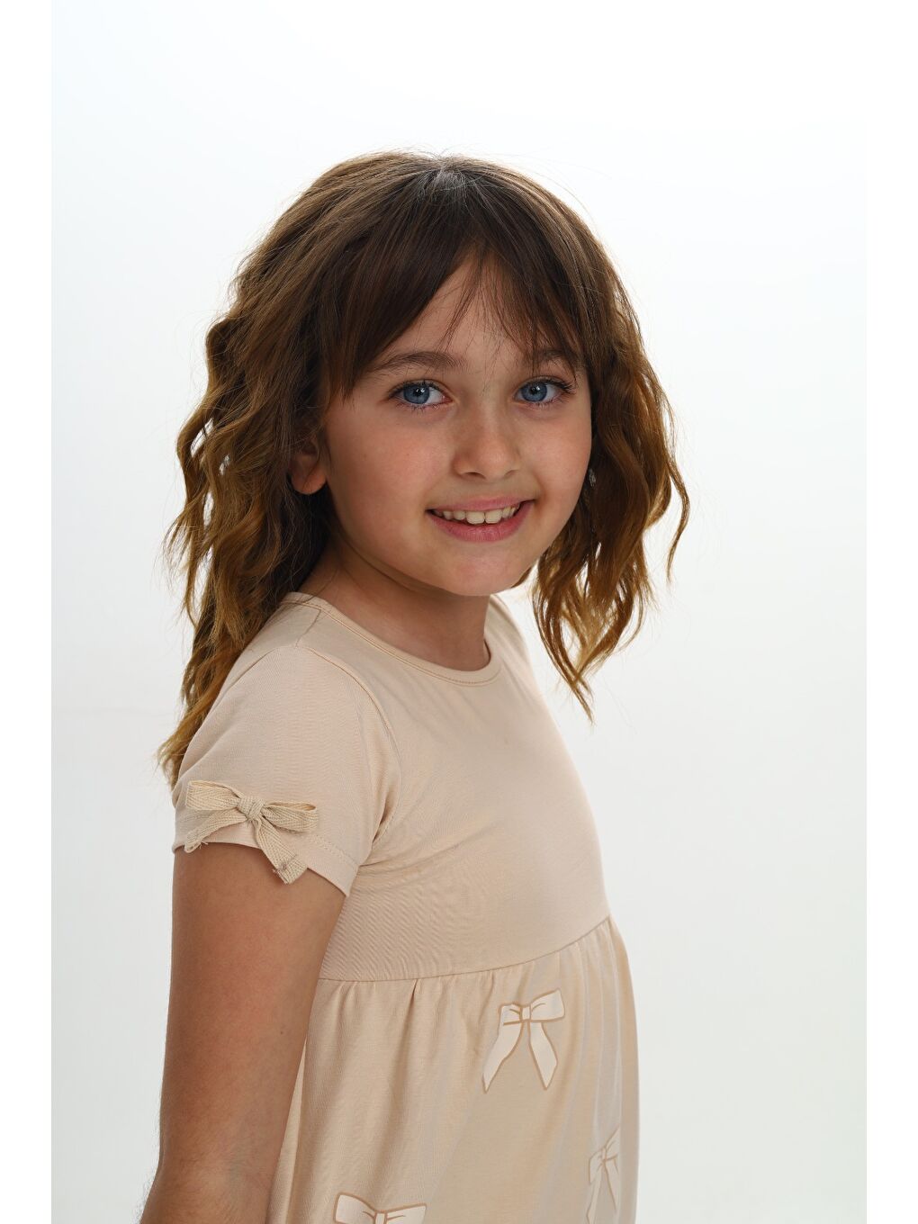 Bej Kız Çocuk Fiyonk Baskılı Elbise-3