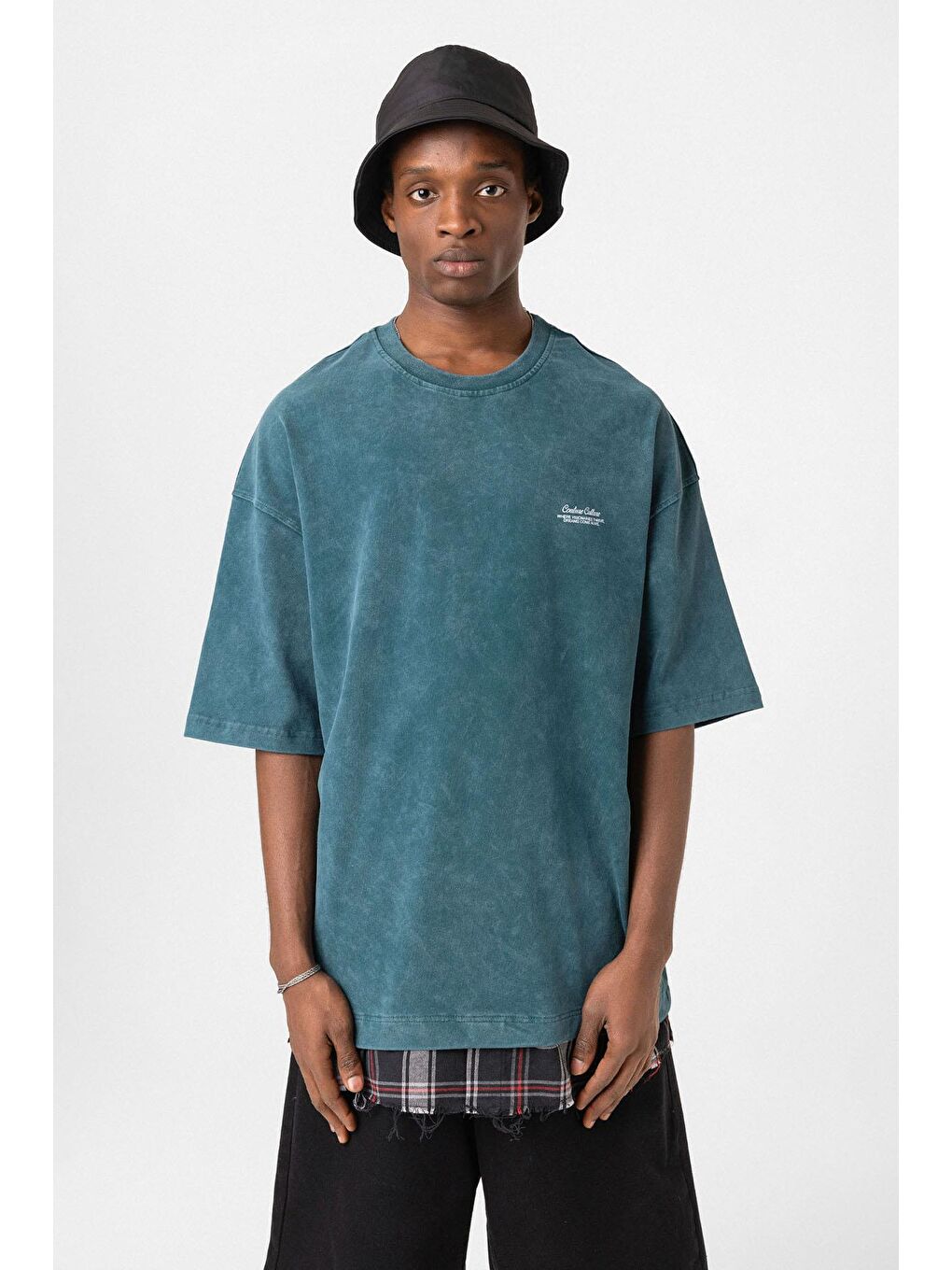 Yıkamalı Oversize Ekose Detaylı Tişört Petrol-4