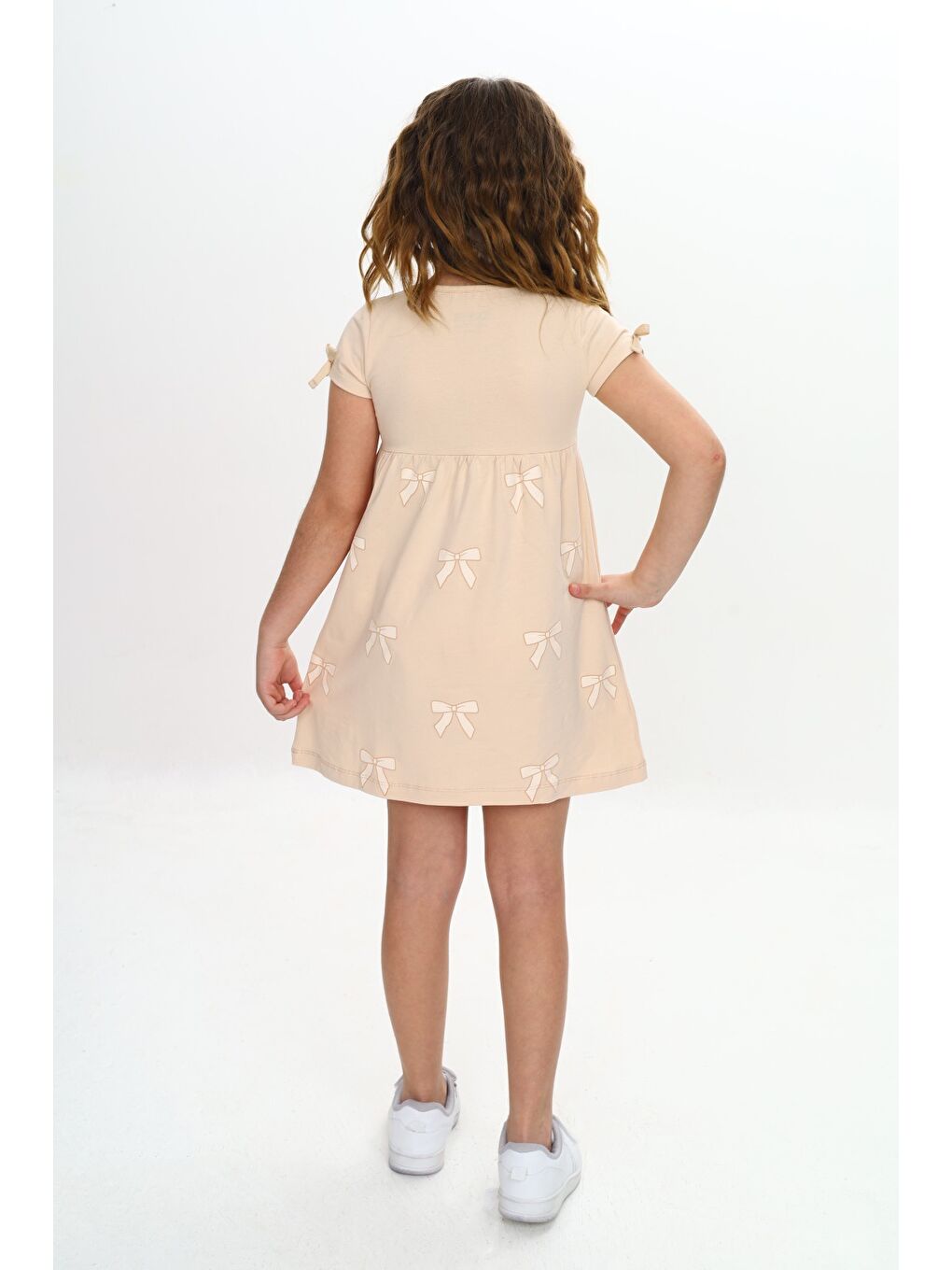 Bej Kız Çocuk Fiyonk Baskılı Elbise-4