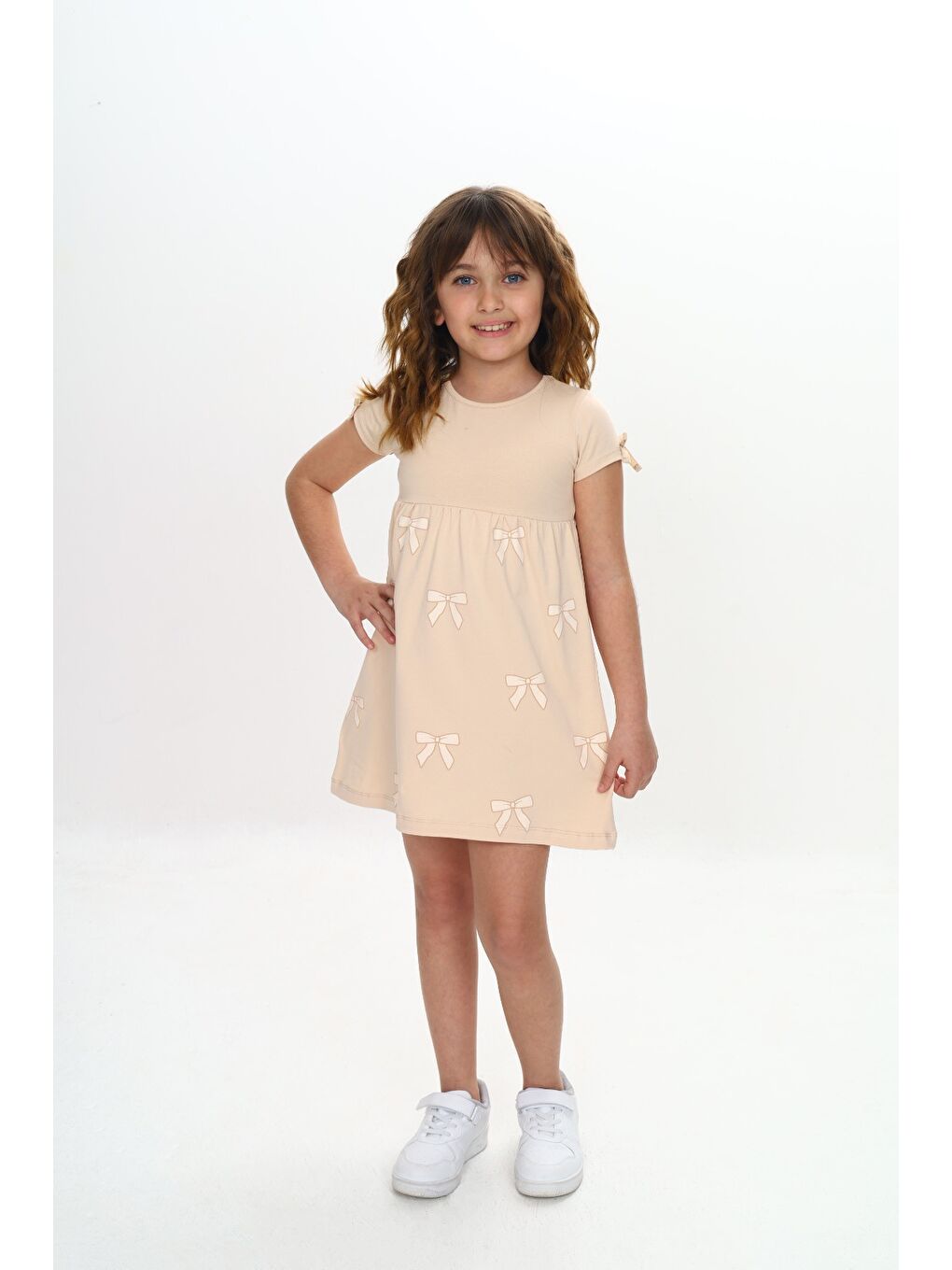 Bej Kız Çocuk Fiyonk Baskılı Elbise-5