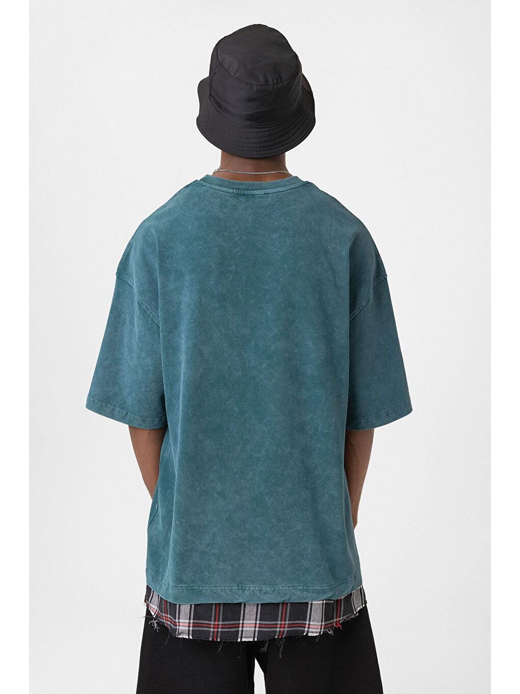 Yıkamalı Oversize Ekose Detaylı Tişört Petrol-5