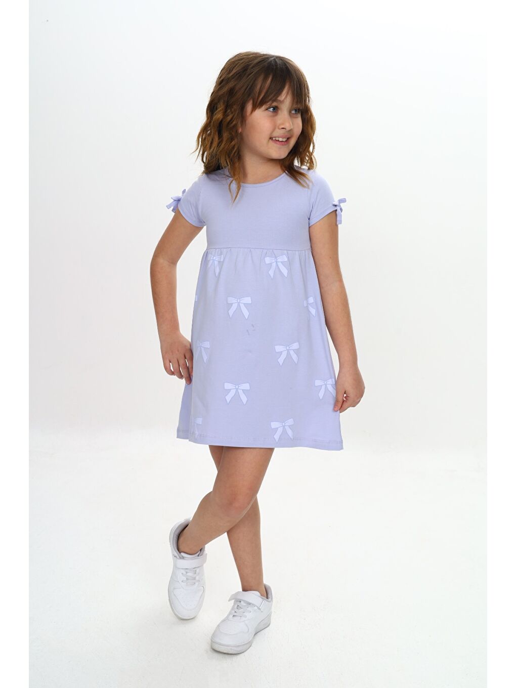 Mavi Kız Çocuk Fiyonk Baskılı Elbise-1