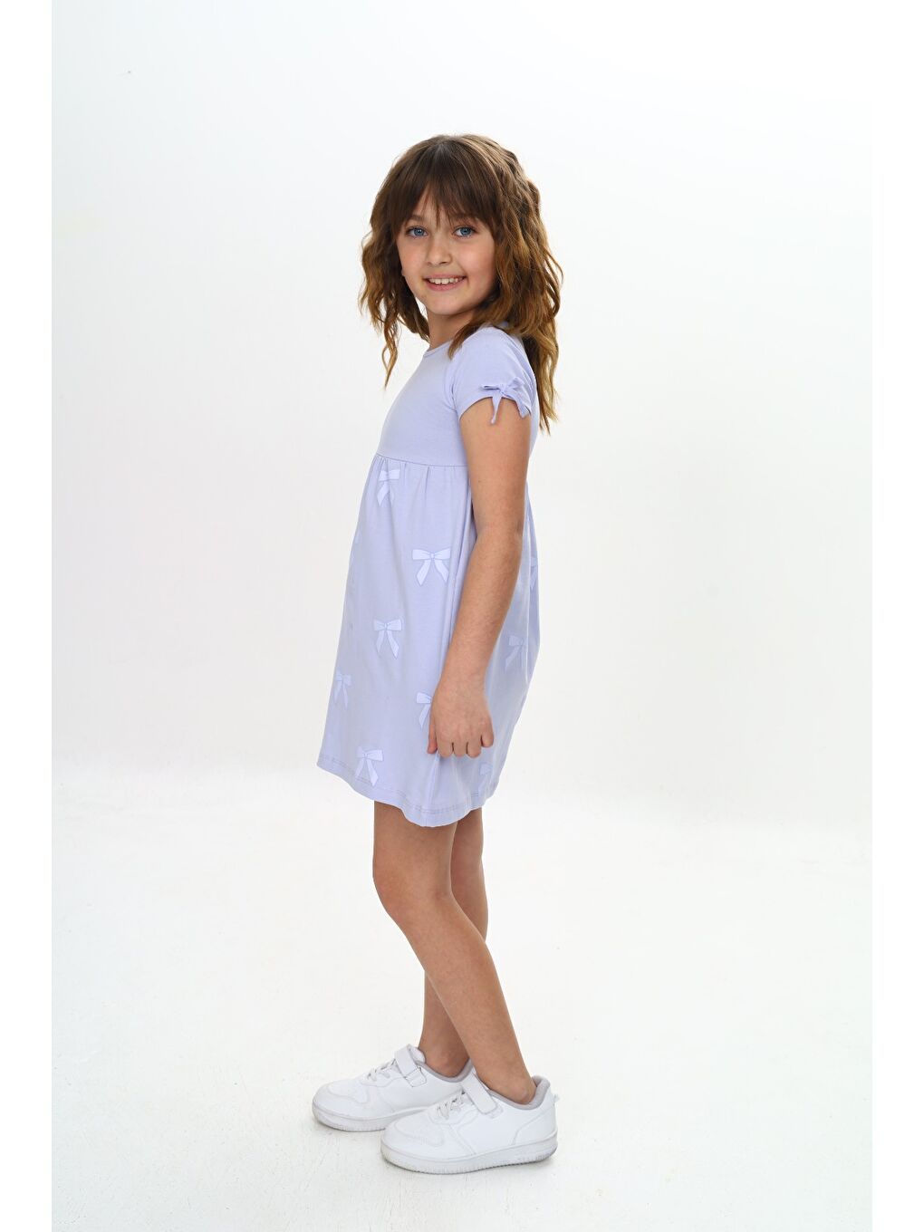 Mavi Kız Çocuk Fiyonk Baskılı Elbise-2