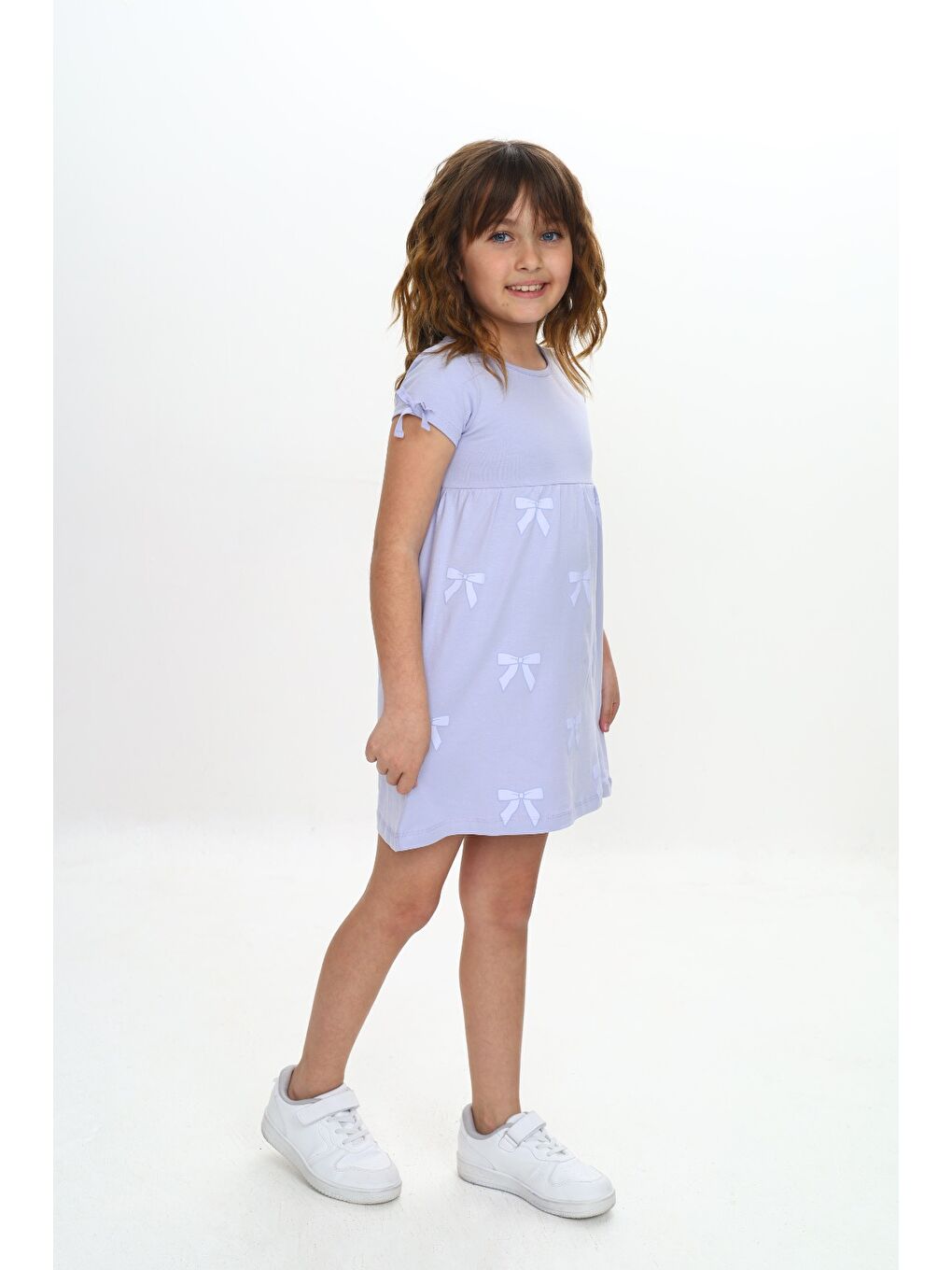 Mavi Kız Çocuk Fiyonk Baskılı Elbise-3