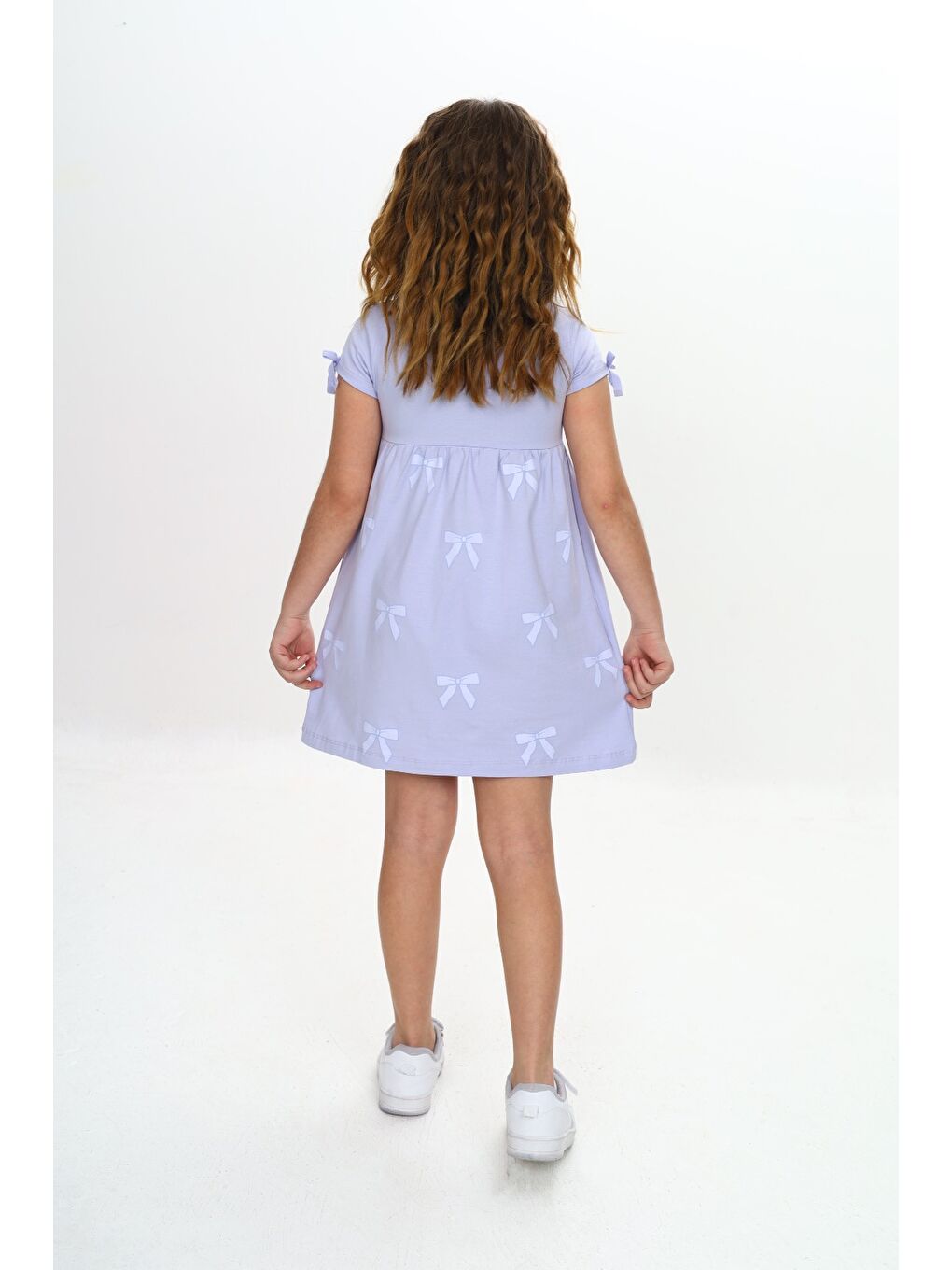 Mavi Kız Çocuk Fiyonk Baskılı Elbise-4