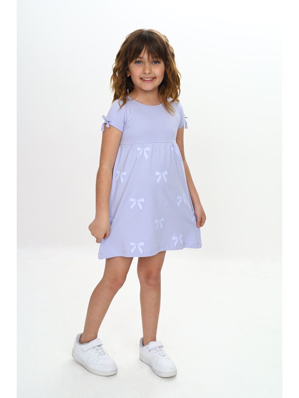 Mavi Kız Çocuk Fiyonk Baskılı Elbise-5