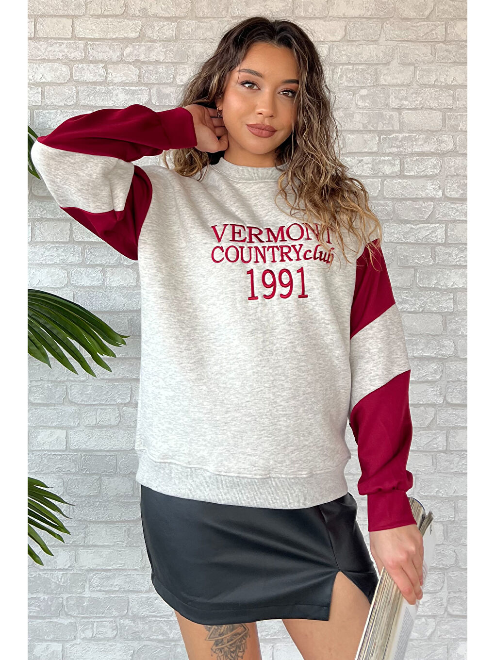 GÜLSELİ Gri Üç İplik Şardonlu Renk Garnili Kadın Sweatshirt - 1