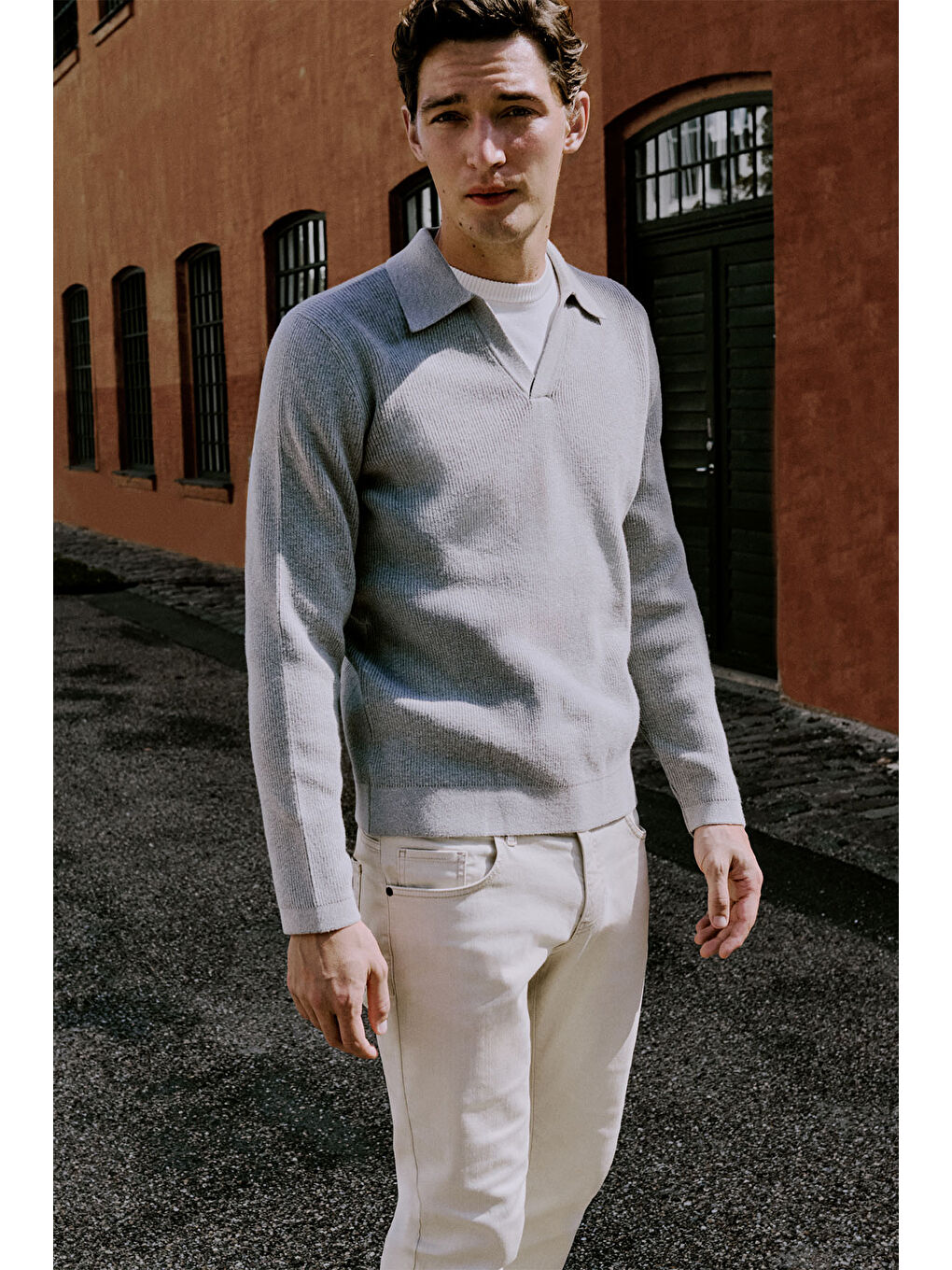 Erkek Gri Melanj Pamuklu Standart Fit Normal Kesim Polo Yaka Triko Kazak