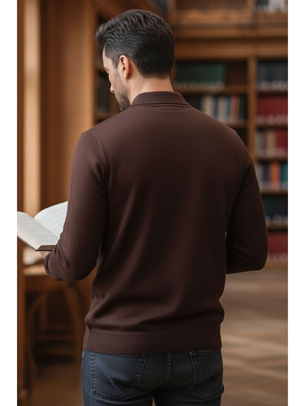Kahverengi Polo Yaka Yarım Fermuarlı Erkek Triko Kazak-1