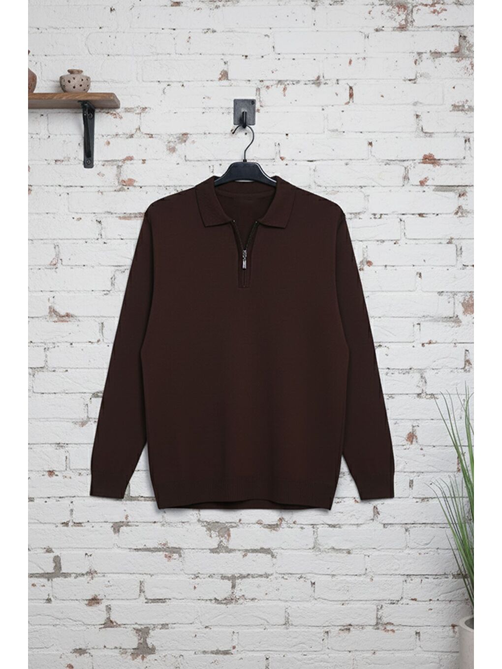 Kahverengi Polo Yaka Yarım Fermuarlı Erkek Triko Kazak-2