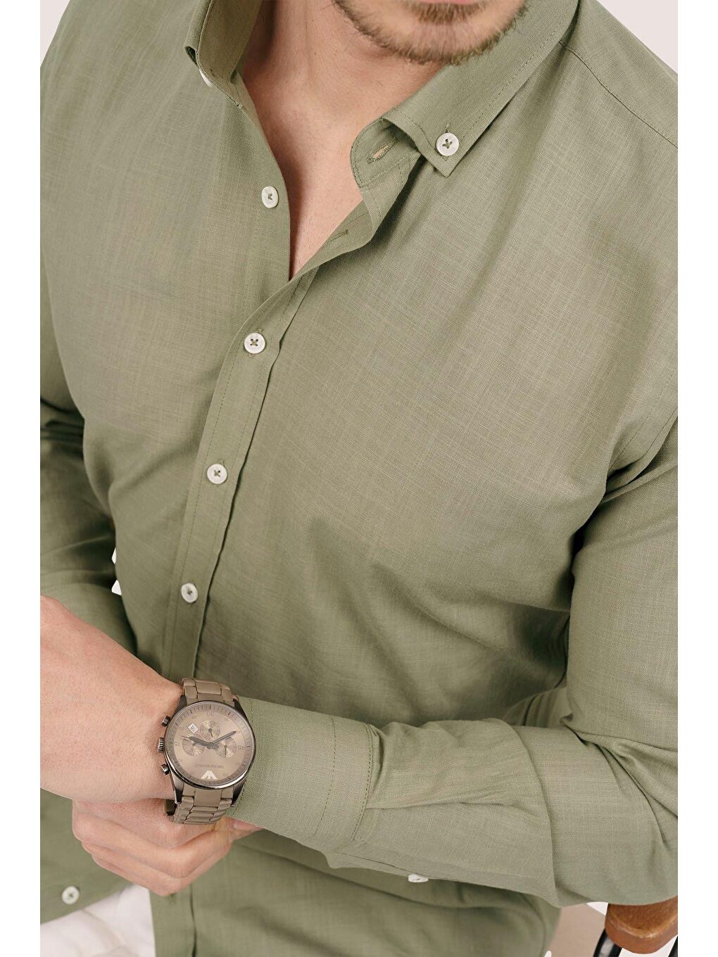 Haki Yaka Düğmeli Keten Görünümlü Slimfit Erkek %100 Pamuk Gömlek