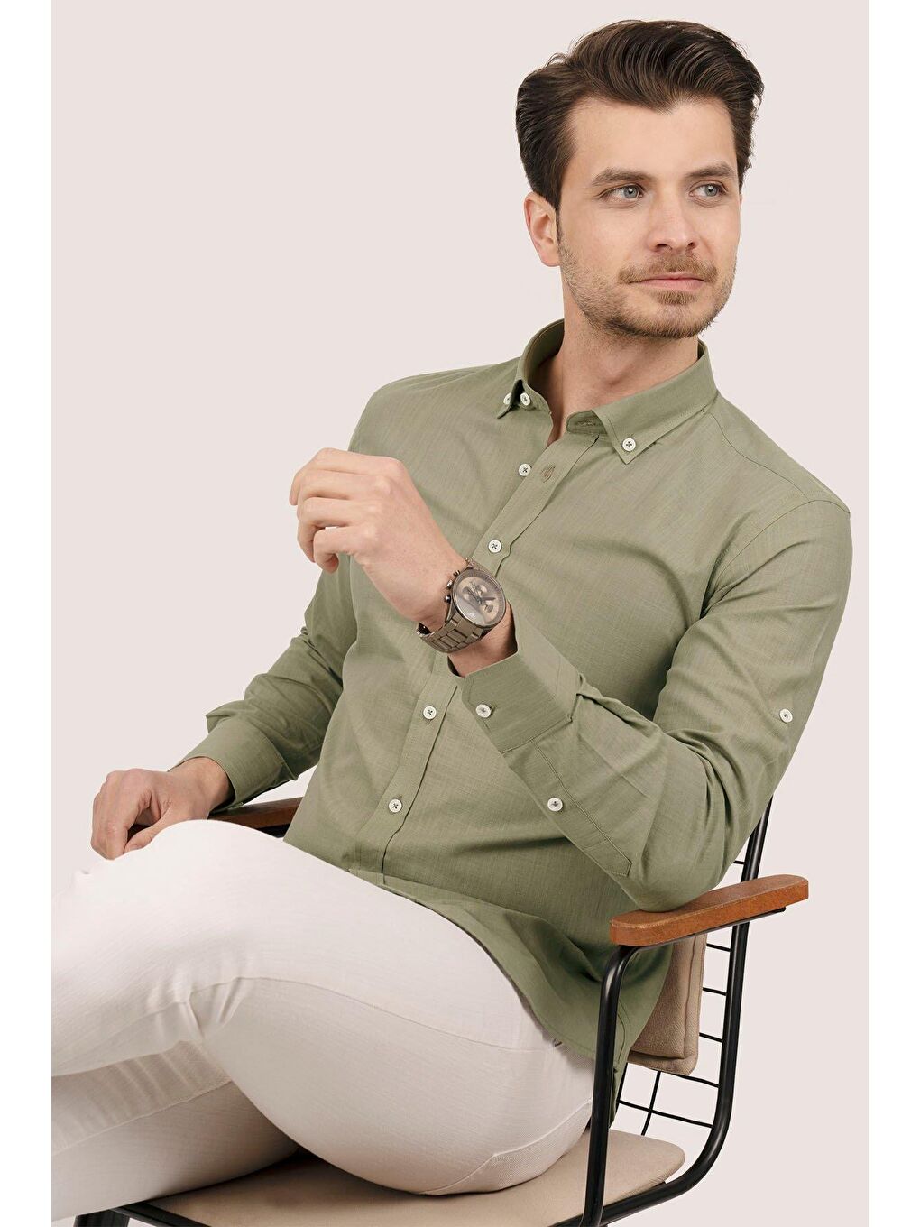Haki Yaka Düğmeli Keten Görünümlü Slimfit Erkek %100 Pamuk Gömlek-1