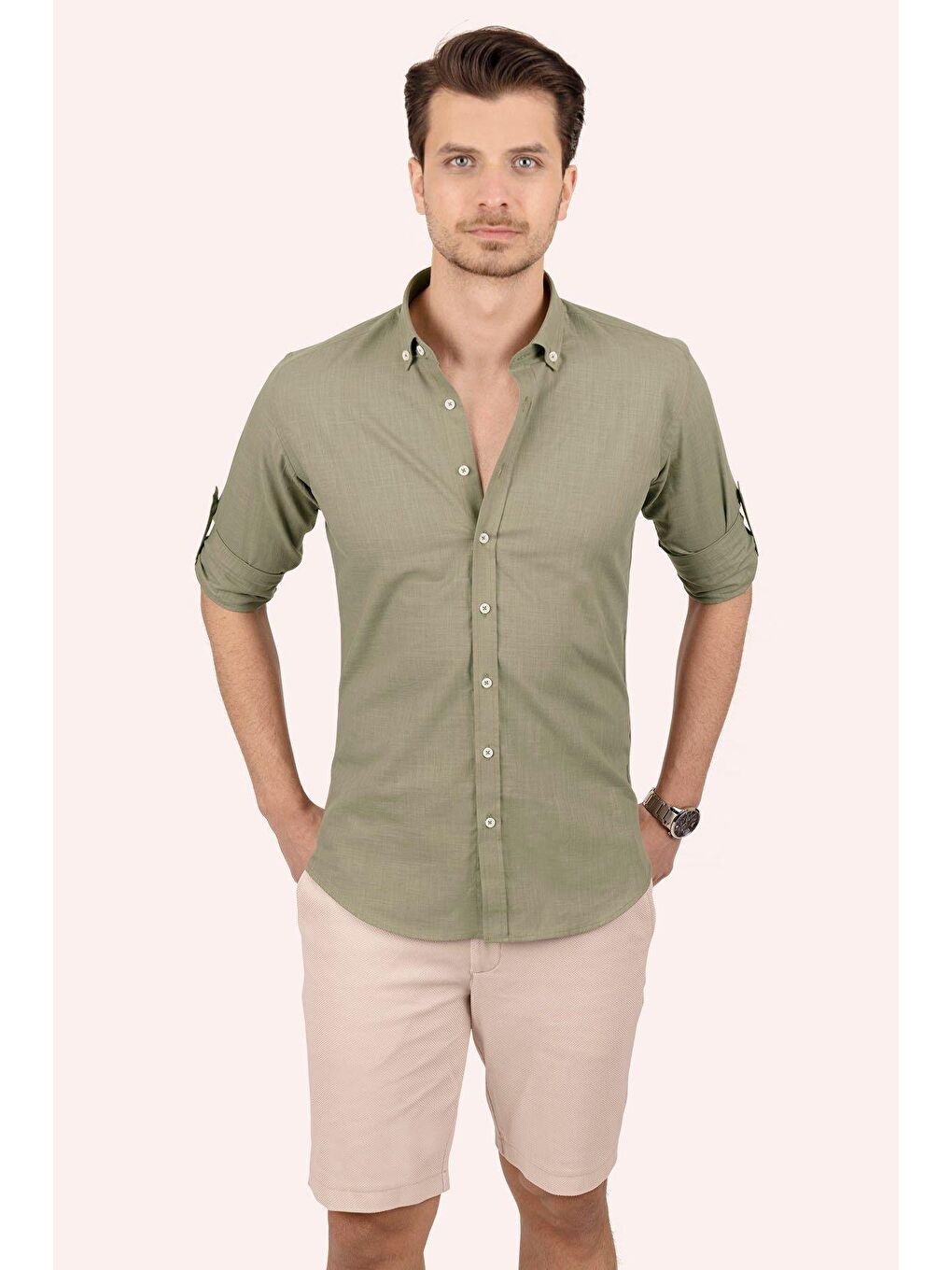 Haki Yaka Düğmeli Keten Görünümlü Slimfit Erkek %100 Pamuk Gömlek-2
