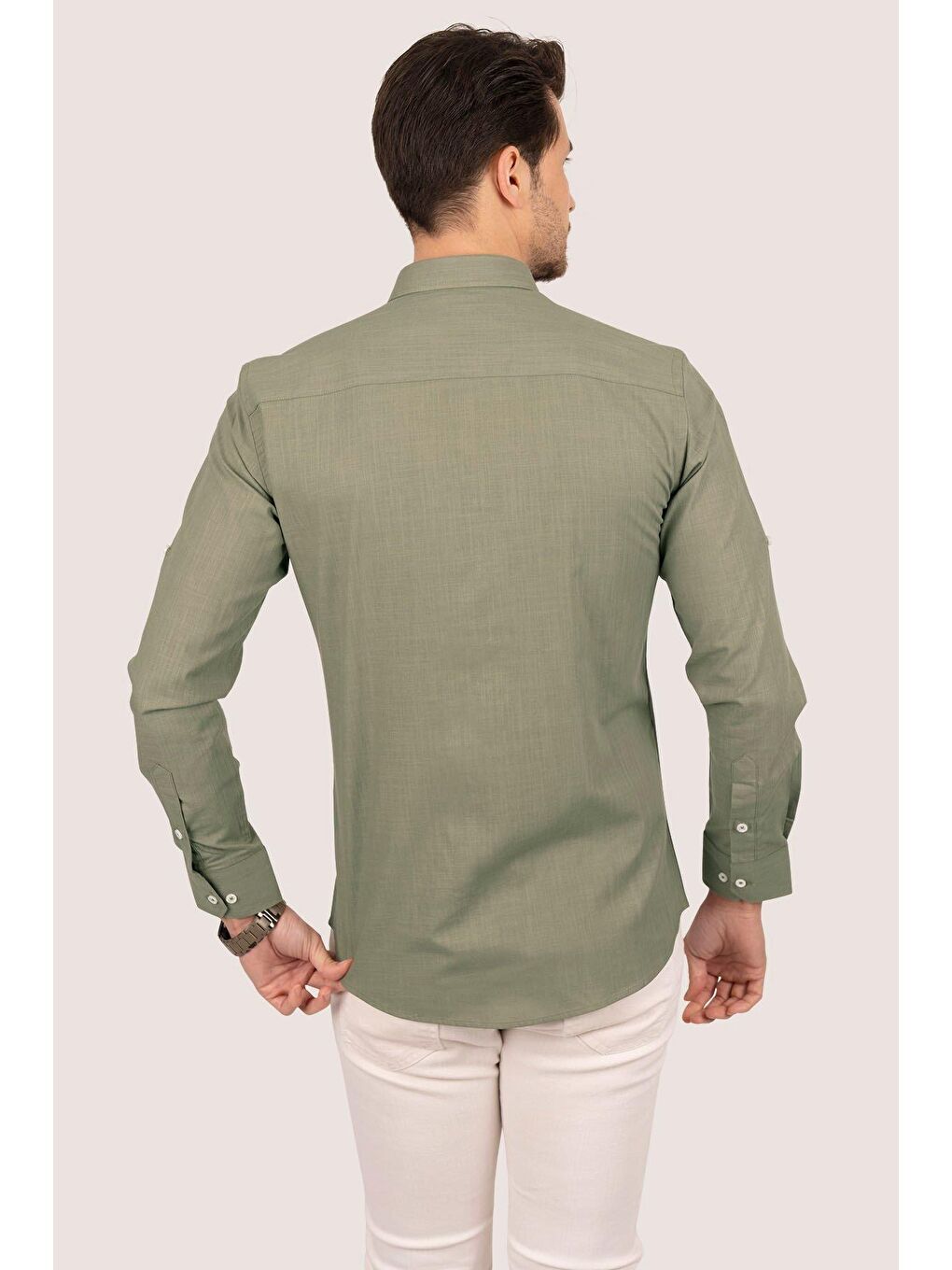 Haki Yaka Düğmeli Keten Görünümlü Slimfit Erkek %100 Pamuk Gömlek-5