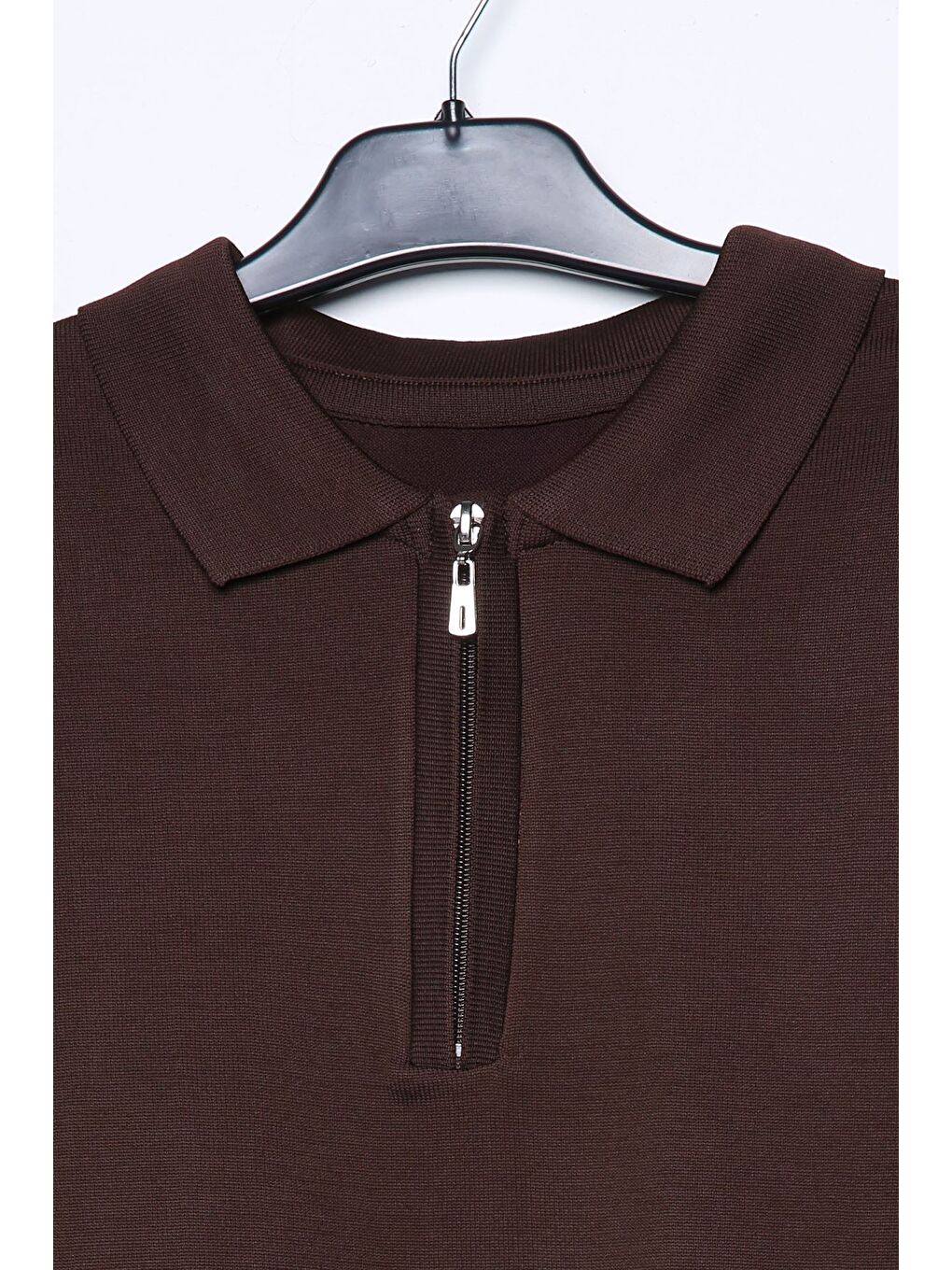 Kahverengi Polo Yaka Yarım Fermuarlı Erkek Triko Kazak-3