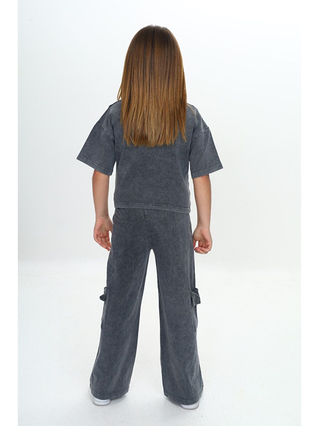 Antrasit Kız Çocuk Yıkamalı Crop Eşofman Takım-3