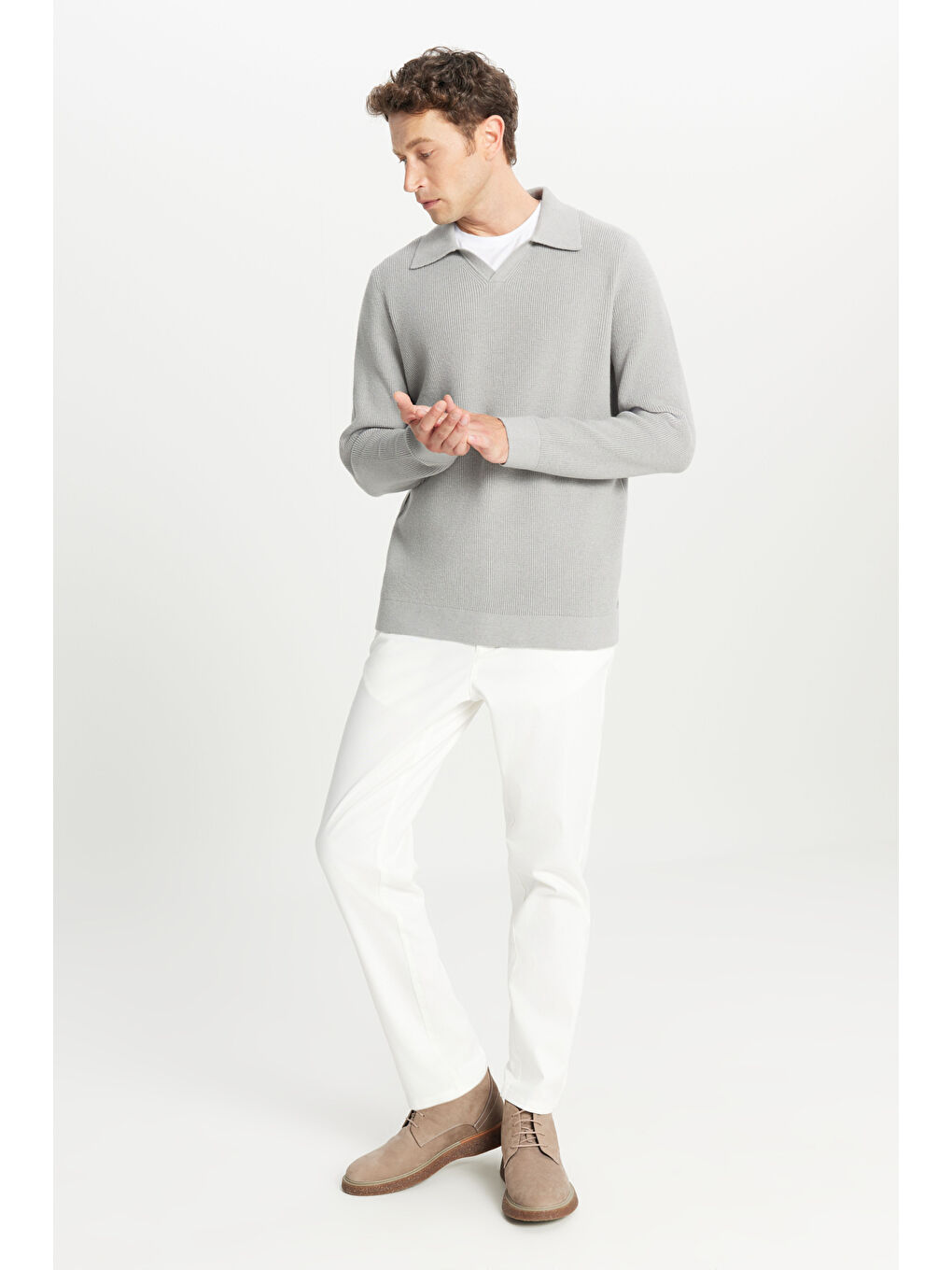 Erkek Gri Melanj Pamuklu Standart Fit Normal Kesim Polo Yaka Triko Kazak-2