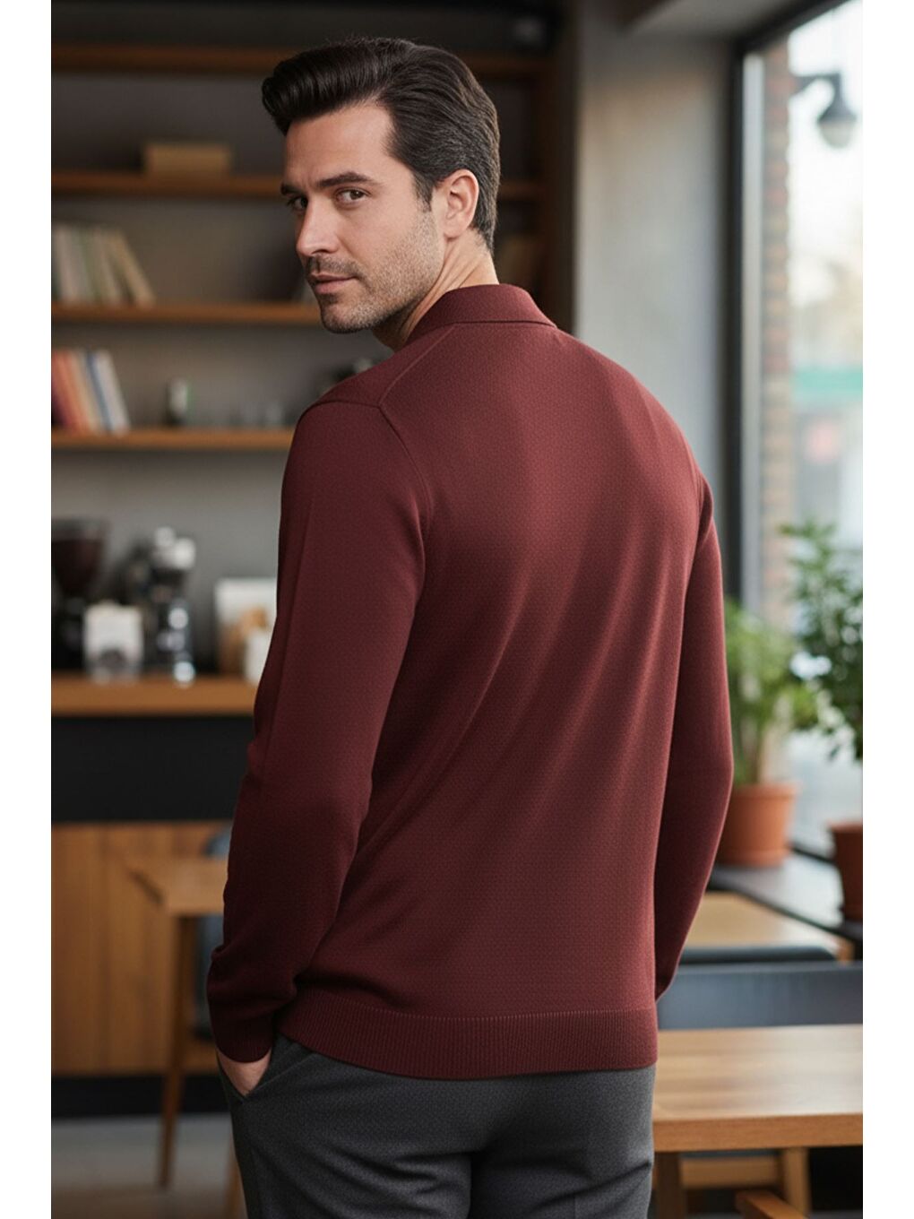 Kahverengi Polo Yaka Yarım Fermuarlı Erkek Triko Kazak-1