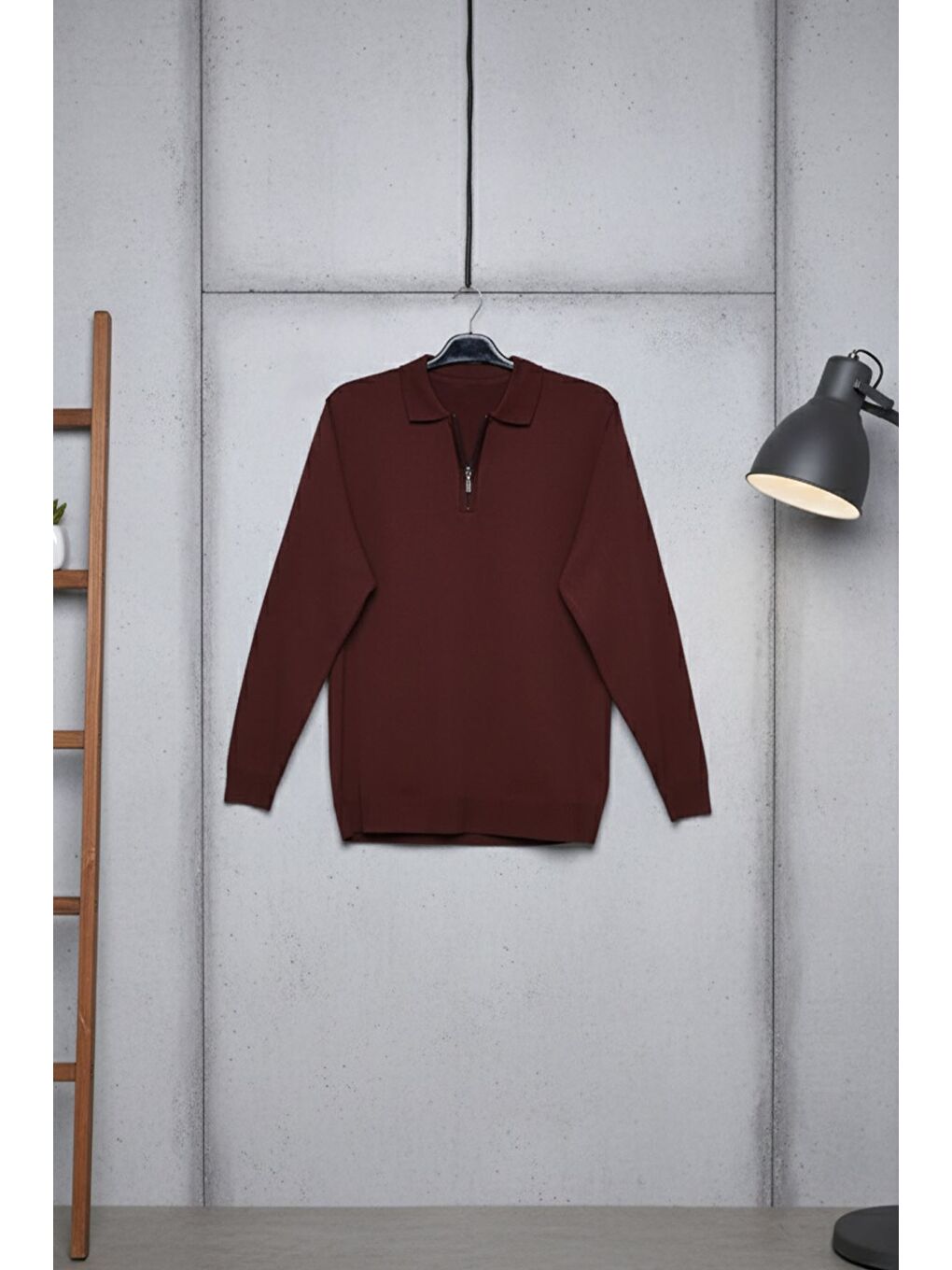 Kahverengi Polo Yaka Yarım Fermuarlı Erkek Triko Kazak-2