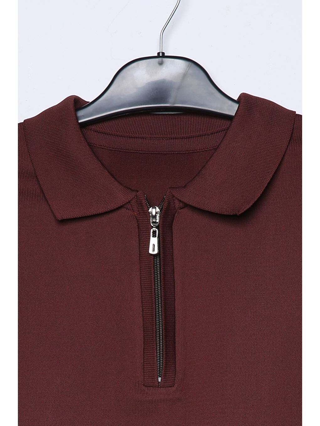 Kahverengi Polo Yaka Yarım Fermuarlı Erkek Triko Kazak-3