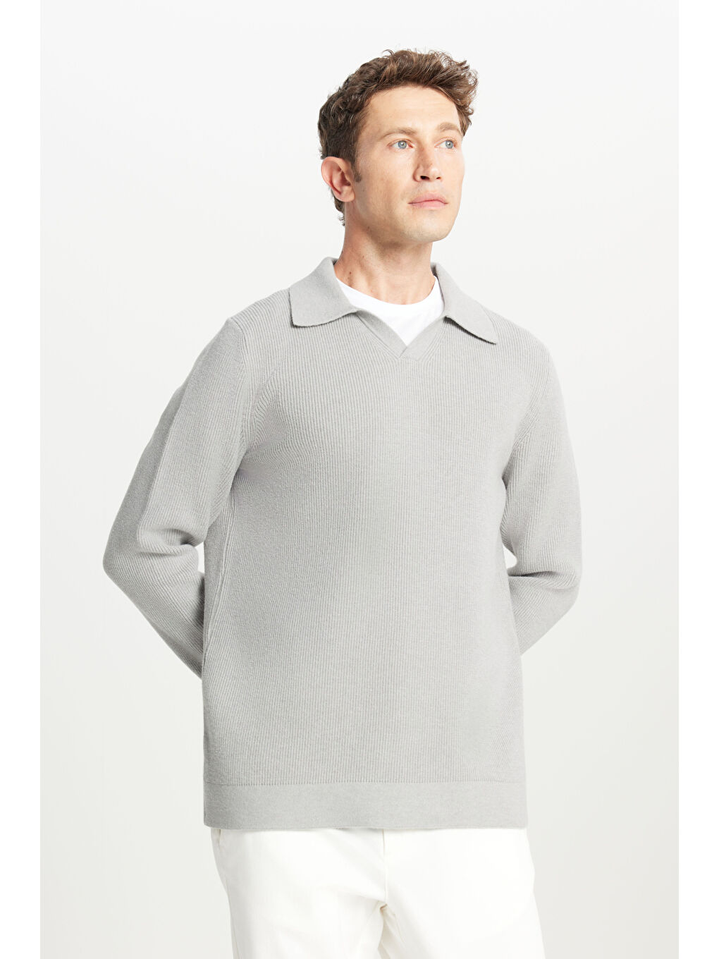 Erkek Gri Melanj Pamuklu Standart Fit Normal Kesim Polo Yaka Triko Kazak-3