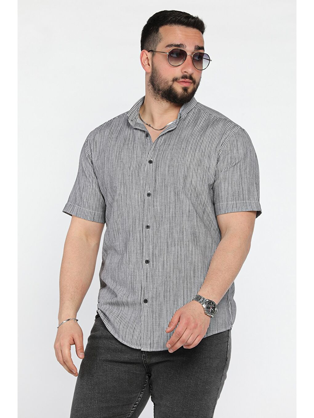 Siyah Çizgili Kısa Kol Erkek Gömlek-1