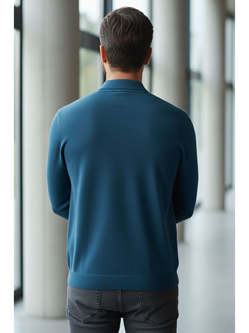 Petrol Polo Yaka Yarım Fermuarlı Erkek Triko Kazak-1