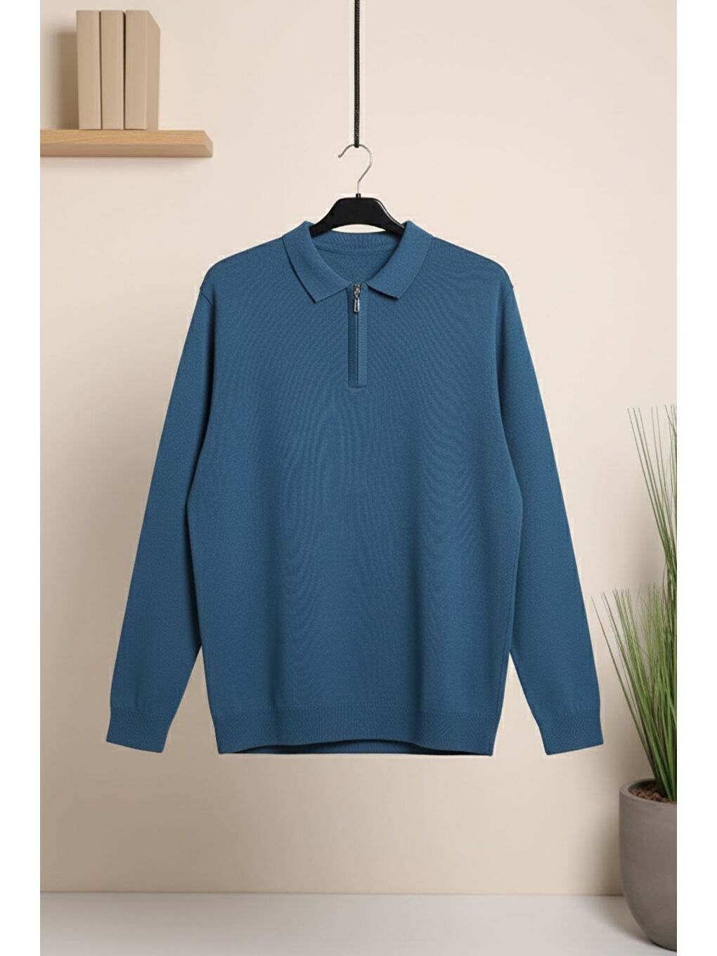Petrol Polo Yaka Yarım Fermuarlı Erkek Triko Kazak-2