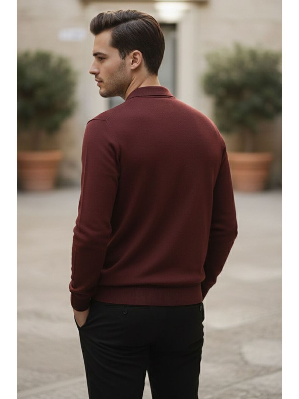 Kahverengi Polo Yaka Yarım Fermuarlı Erkek Triko Kazak-1