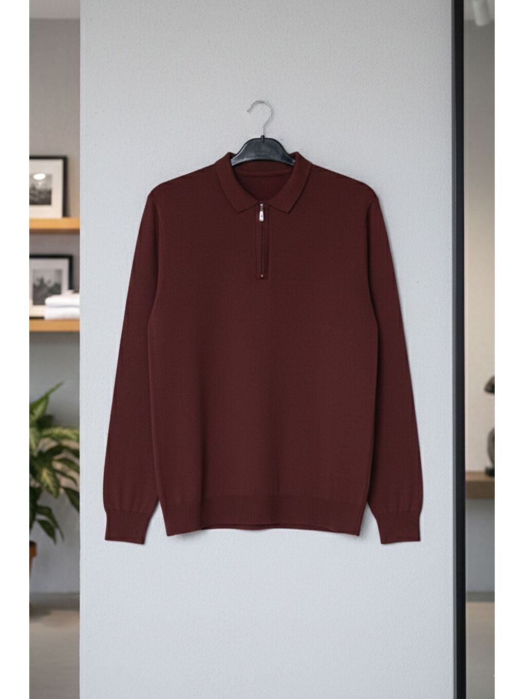 Kahverengi Polo Yaka Yarım Fermuarlı Erkek Triko Kazak-2