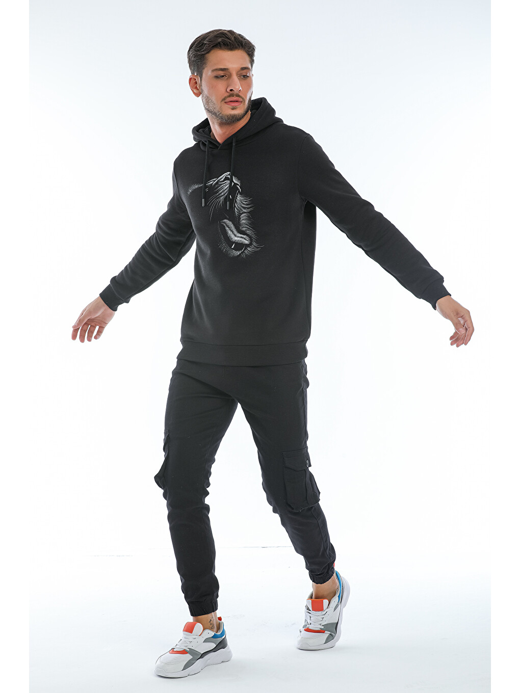 Siyah Kargo Cepli, Fermuarlı Paça Lastikli Esnek Kumaş Slim Fit Gabardin Erkek Kargo Pantolon-2