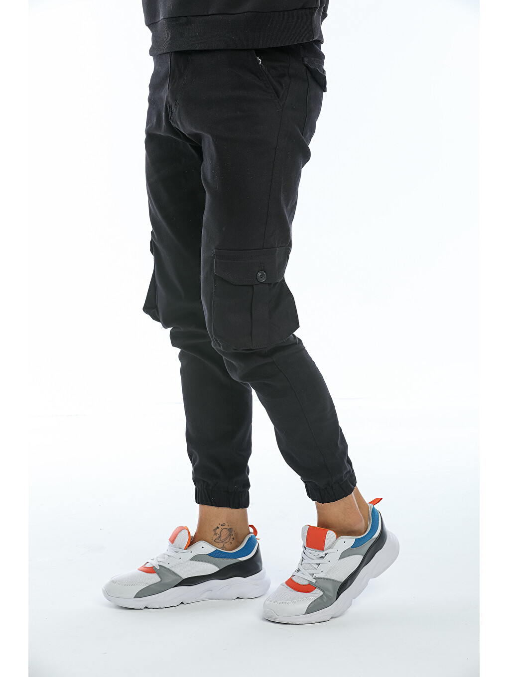 Siyah Kargo Cepli, Fermuarlı Paça Lastikli Esnek Kumaş Slim Fit Gabardin Erkek Kargo Pantolon-3