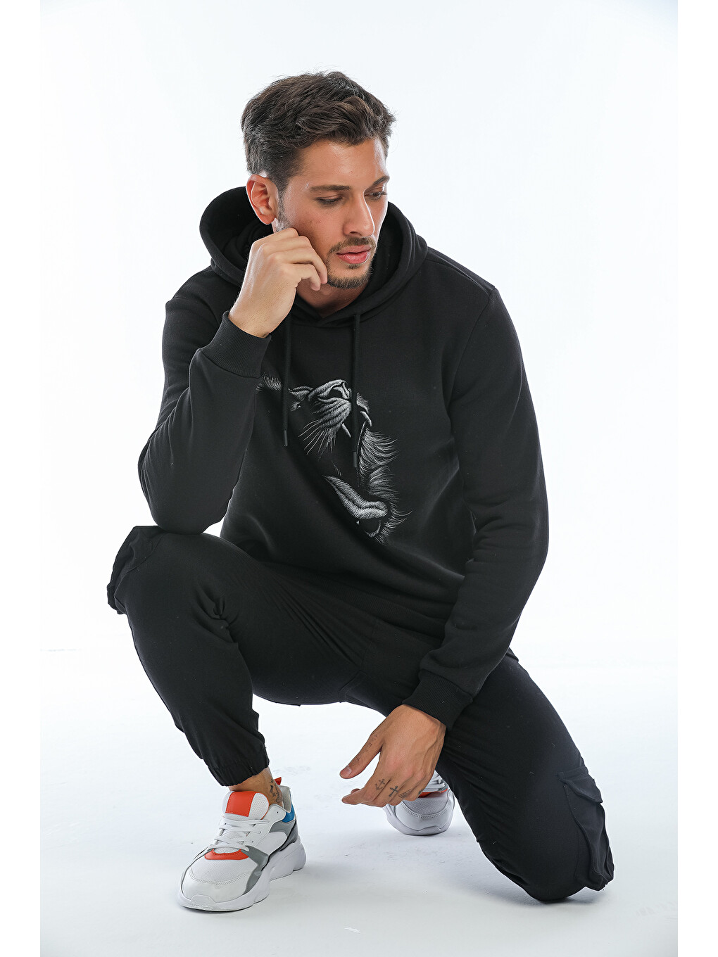 Siyah Kargo Cepli, Fermuarlı Paça Lastikli Esnek Kumaş Slim Fit Gabardin Erkek Kargo Pantolon-4