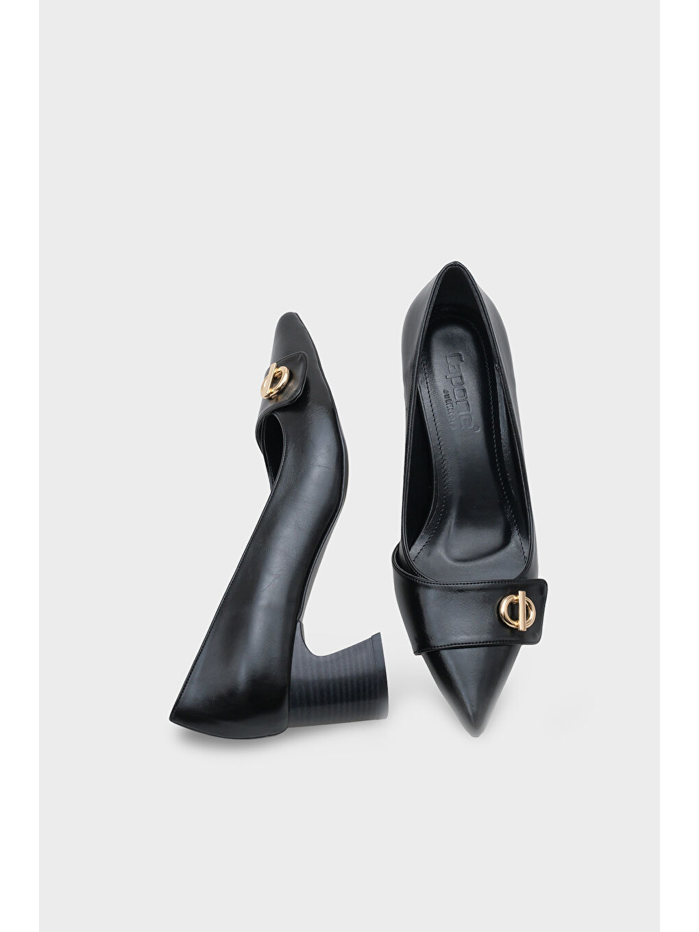 Siyah April Ahşap Orta Boy Topuklu Metal Tokalı Sivri Burunlu Kadın Ayakkabı-4