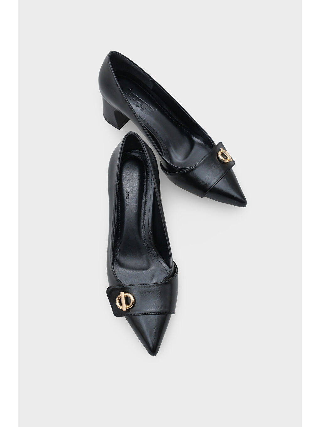 Siyah April Ahşap Orta Boy Topuklu Metal Tokalı Sivri Burunlu Kadın Ayakkabı-5