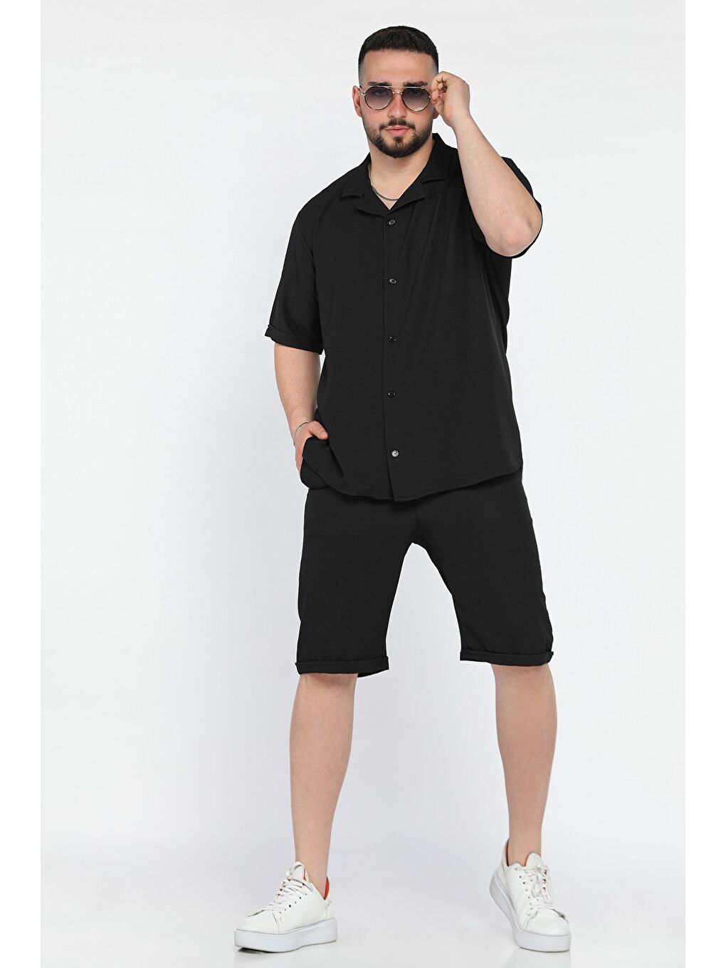 Siyah Erkek Duble Kol Gömlek Şort İkili Takım