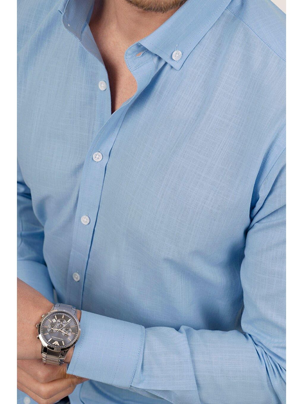 Mavi Yaka Düğmeli Keten Görünümlü Slimfit Erkek %100 Pamuk Gömlek